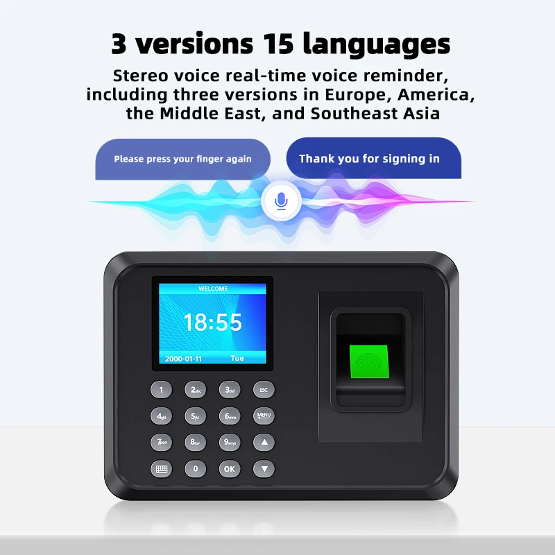 جهاز حضور وانصراف ببصمة الإصبع مقاس 2.4 بوصة يدعم 15 لغة 100000 ساعة في السجلات ووقت حضور الموظف وإدارة بيانات USB