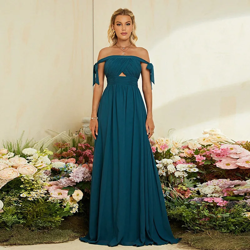 Verão feminino elegante um ombro cinto arco emagrecimento vestido de noite design sentido nicho vestido de dama de honra feminino elegante