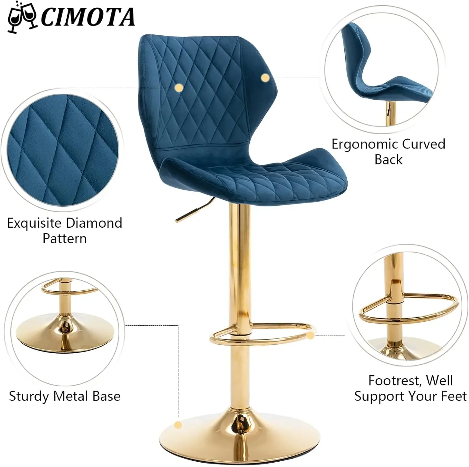 CIMOTA Swivel Adjustable Bar Stools Set of 4 Modern Gold Counter Height Bar Chairs for Kitchen Island Velvet Tall Barstools