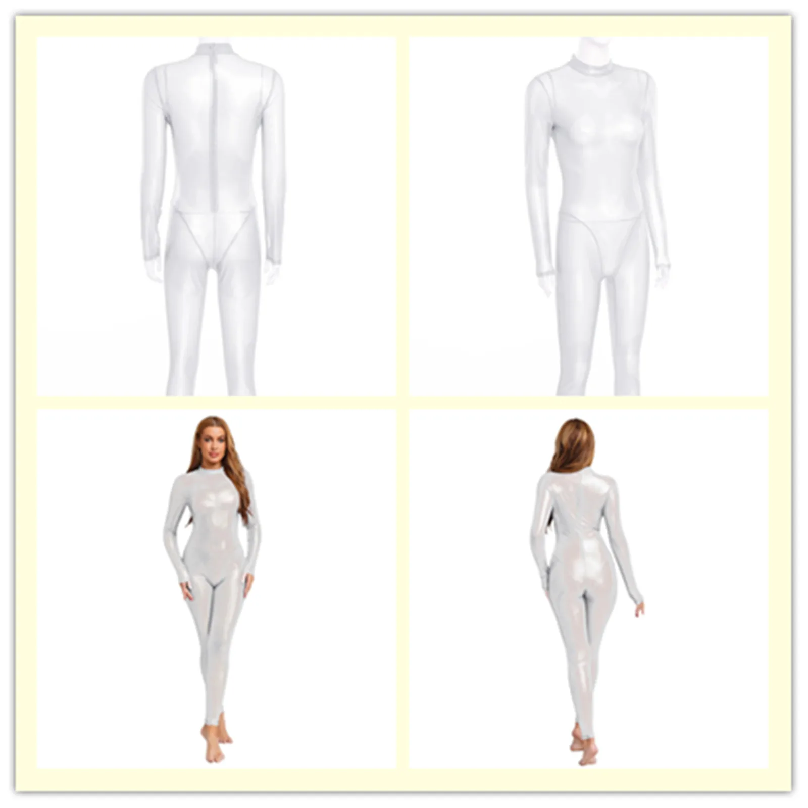 

Womens Metallic Shiny Full Body Unitard Jumpsuit Long Pants Back Zipper Catsuit Bodysuit Leggings Tights Sheer Bodysuit Clubwear