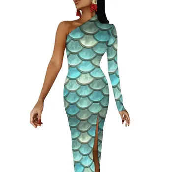 Metallic Mermaid High Slit Bodycon Dress Women Blue Fish Scales Print Modern Maxi Dress One Shoulder Streetwear Trendy Dresses