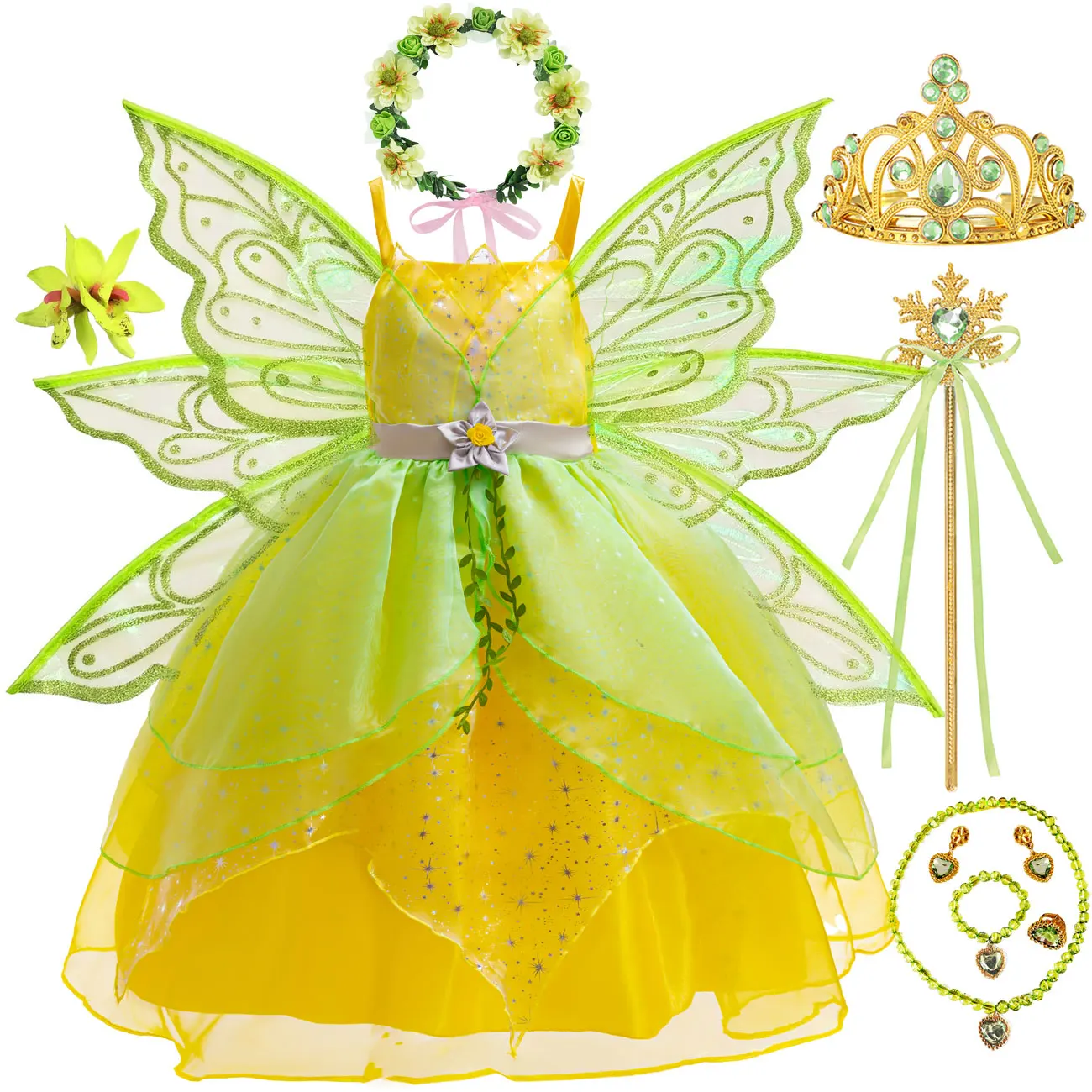 

Disney Tiana Princess Frog Girl Cosplay Dress Luxury Yellow Flower Sling Wing For Kids Princess Theme Birthday Party Dress Set