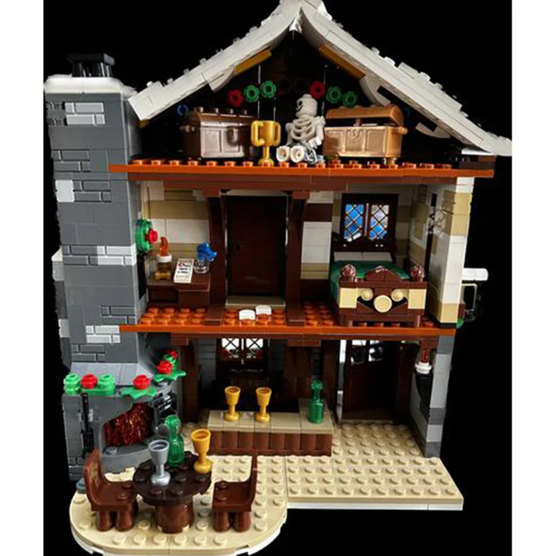 MOC-Castillo de arquitectura Medieval para niños, vista de la calle, modelo de Pub de invierno, ensamblaje de bloques de construcción, juguetes, regalos de navidad