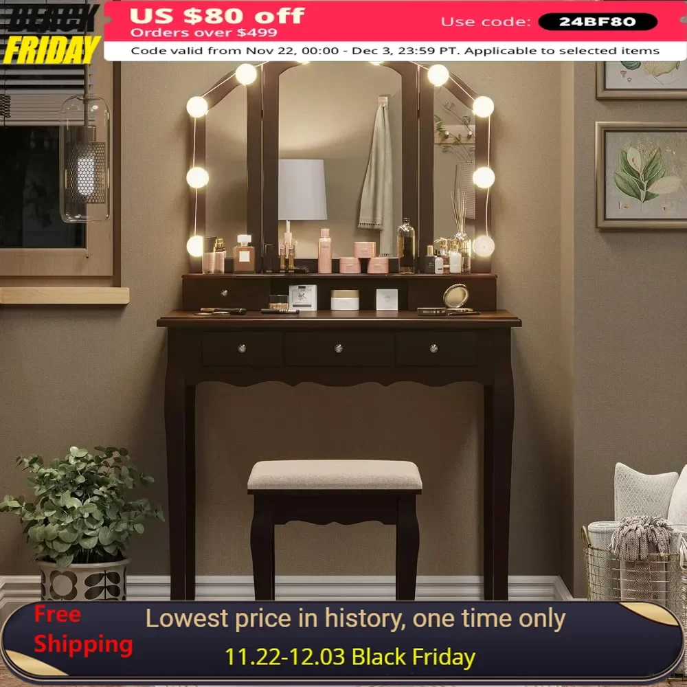 

Vanity Makeup Desk with Lighted Mirror and Stool, Dressing Table with 3 Light Settings & Adjustable Brightness, Dressers