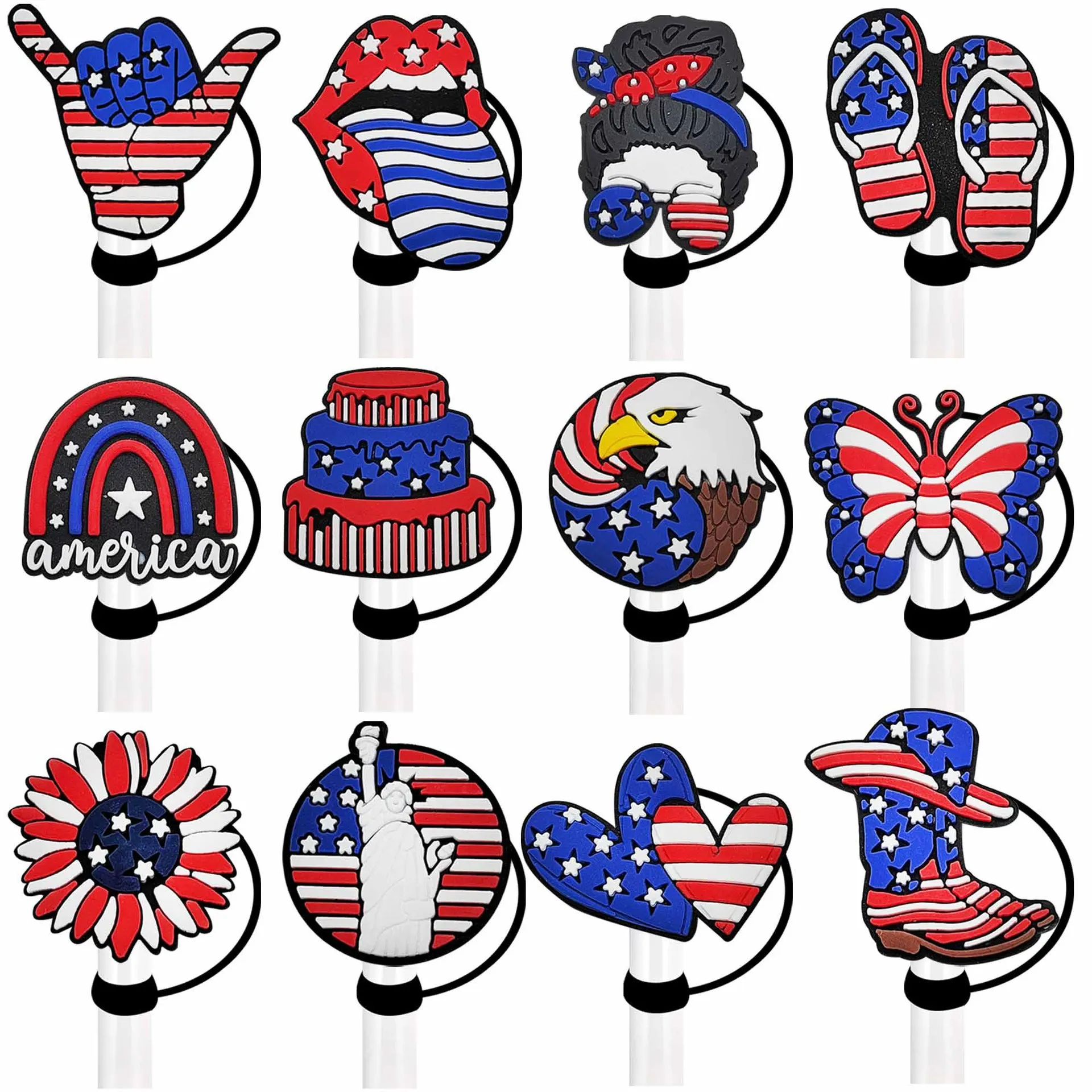 Independence Day Cover Cap Accessories  Drink Straw Plug Reusable Splash Proof Drink Fit Cup Straw Cap Charms Christmas Gift