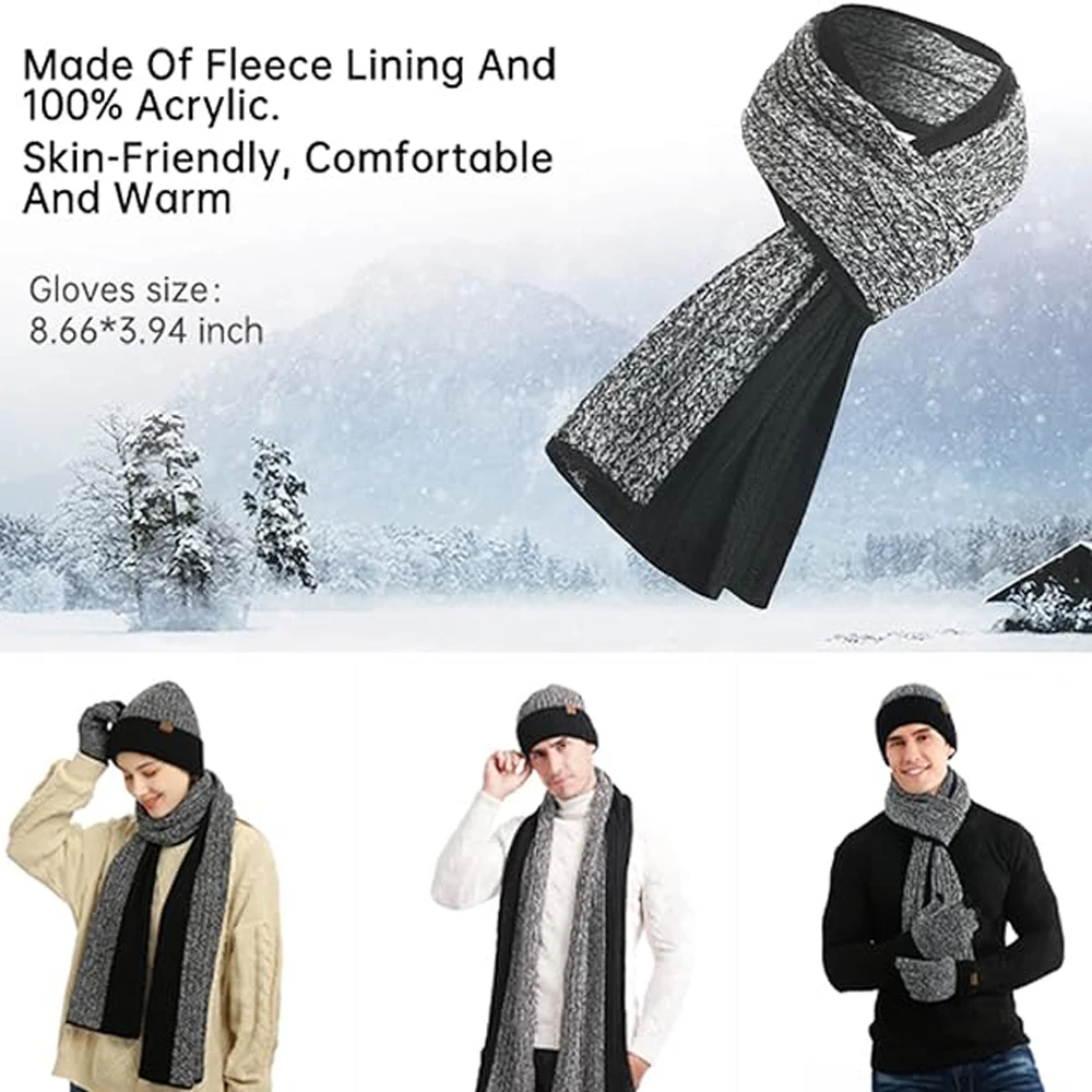 Conjunto de guantes de punto para hombre, gorros y gorros, guantes de pantalla táctil, forro polar grueso, gorro de polaina para el cuello, Invierno