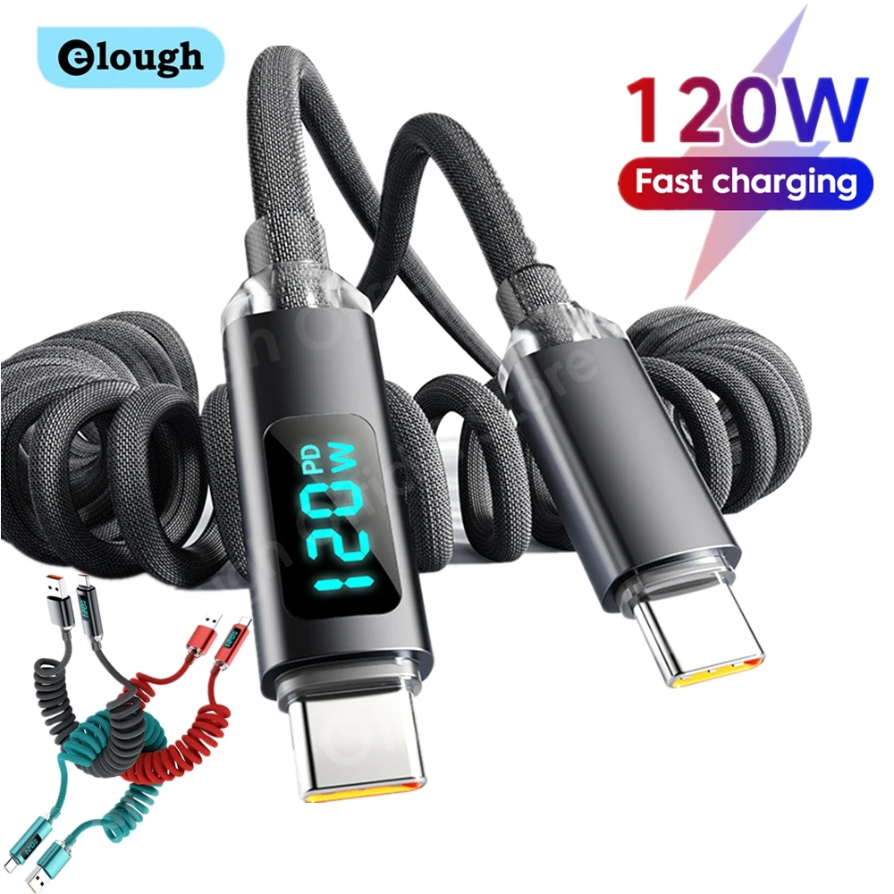 Elough Car Spring USB Type C Cable For iPhone 16 15 Xiaomi Samsung 120W PD Fast Charging USB C To USB C Cable Retractable Cord