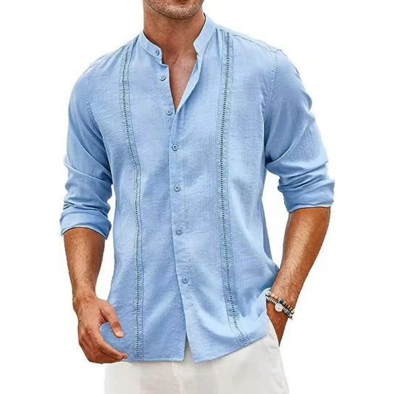 2024 Spring/Summer Men\'s casual Cuban-style Stand-up collar Lace button Linen shirt Summer beach resort shirt