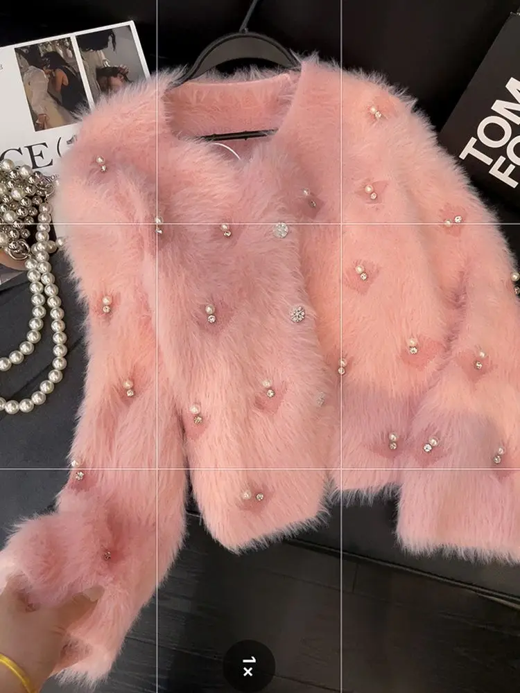 

Luxury Fluffy Furry Soft Pink Knitted Cardigan Beaded Autumn Winter Coat Women Sweater Short Tops Design Outerwear White Jumpers