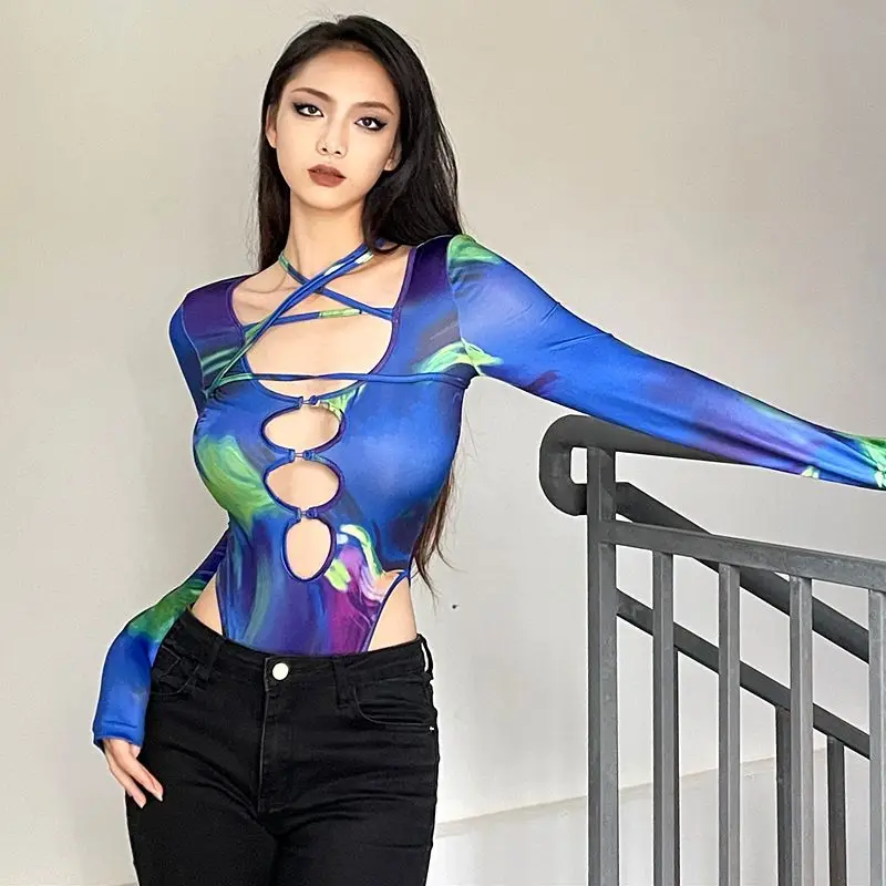 European And American Style Tie-Dye Hollowed Bodysuit Sexy Deep V-Neck Bandage Bodice Autumn Party Club Long Sleeve Bodysuits