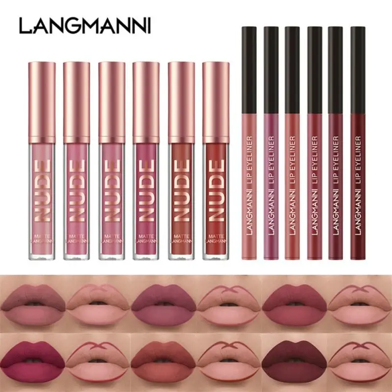 6 Kleuren Lipliner Langdurige Gemakkelijk Te Kleuren Anti-Stick Cup Waterdichte Matte Lipgloss Make-Up Cadeau Lippenstift Set