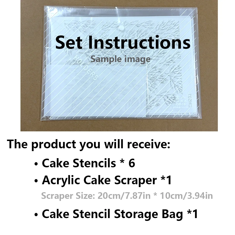 6-Piece Cake Decorating Stencil Template Set, Leaf & Line Patterns, with Cake Scraper and Storage Bag
