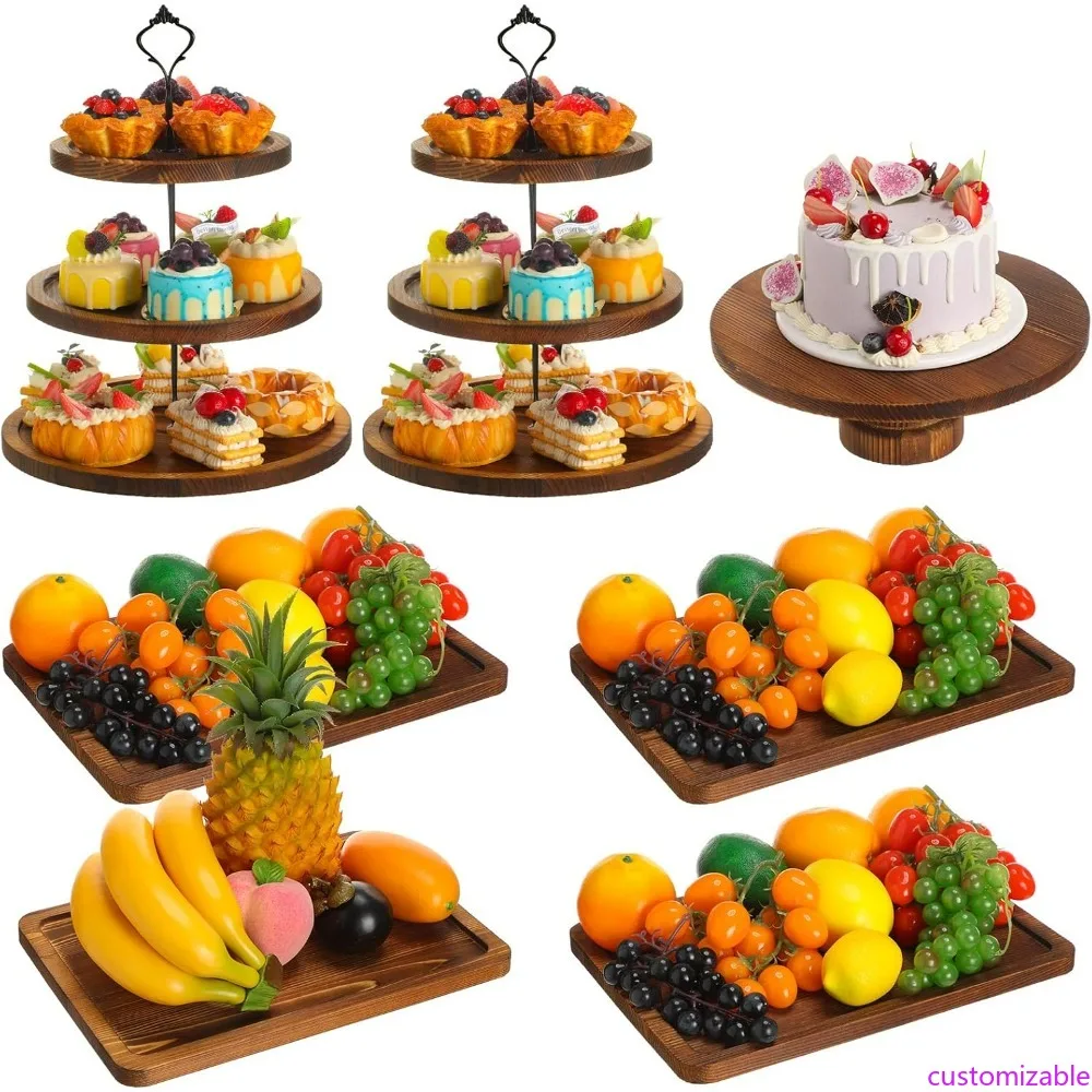 

Wooden 7-Piece Dessert Table Display Set with 3-Tier Cupcake Stand and Round Cake Stand for Rustic Party Serving Trays