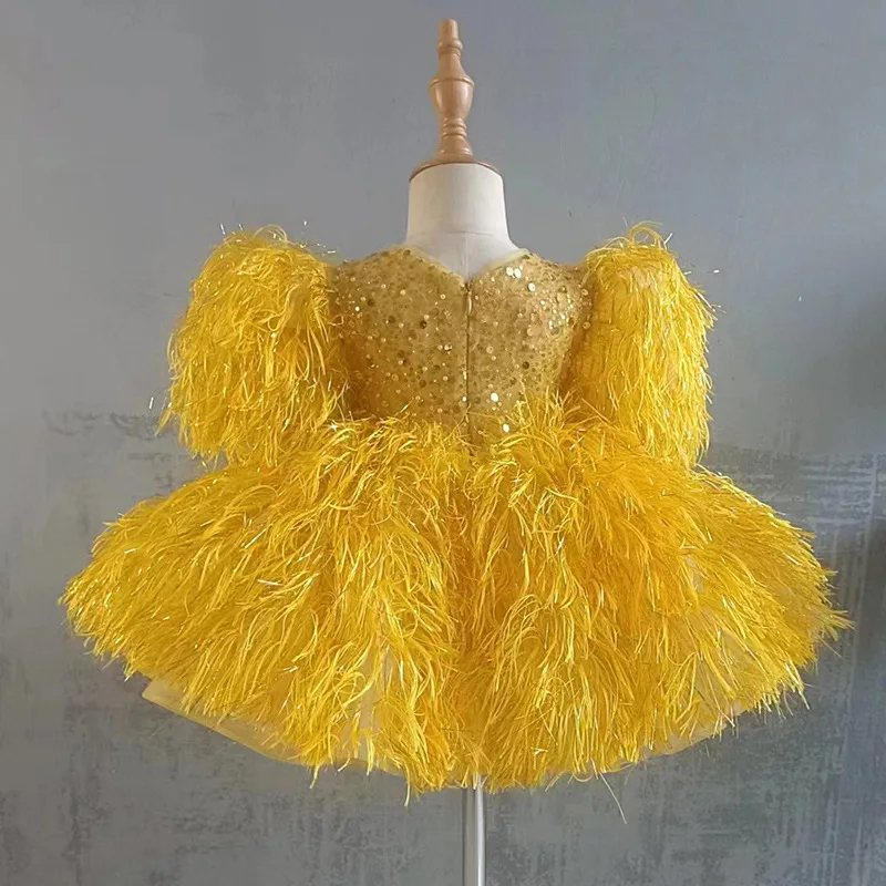 Yellow Puffy Birthday Baby Girl Dress Feather Sequined Prom Dance Pageant Gown Special Occasion Toddler Outfit