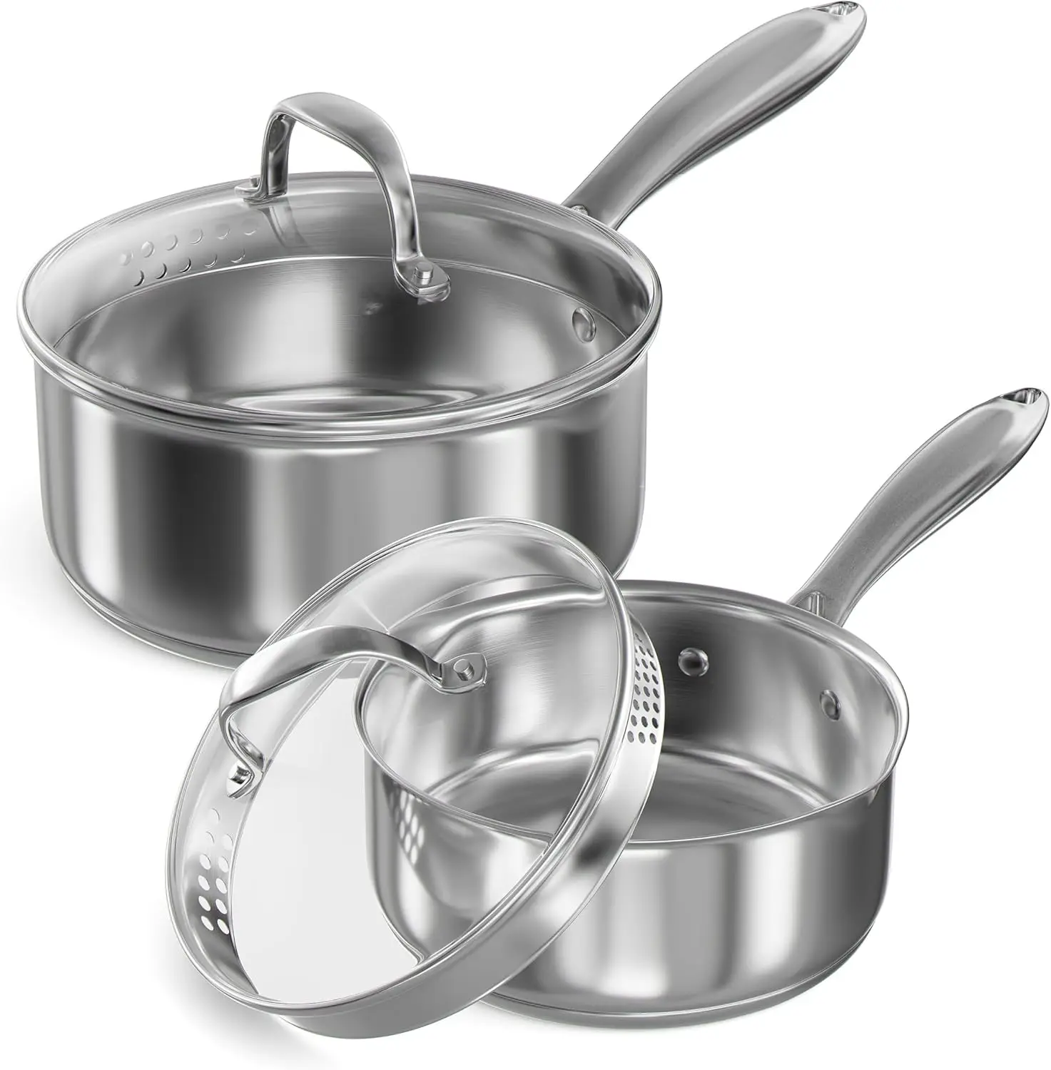 

Stainless Steel Saucepan Set with Strainer Glass Lid, 1-Quart and 2-Quart Tri-Ply Capsule Bottom Sauce Pan/Pot, Two Pour
