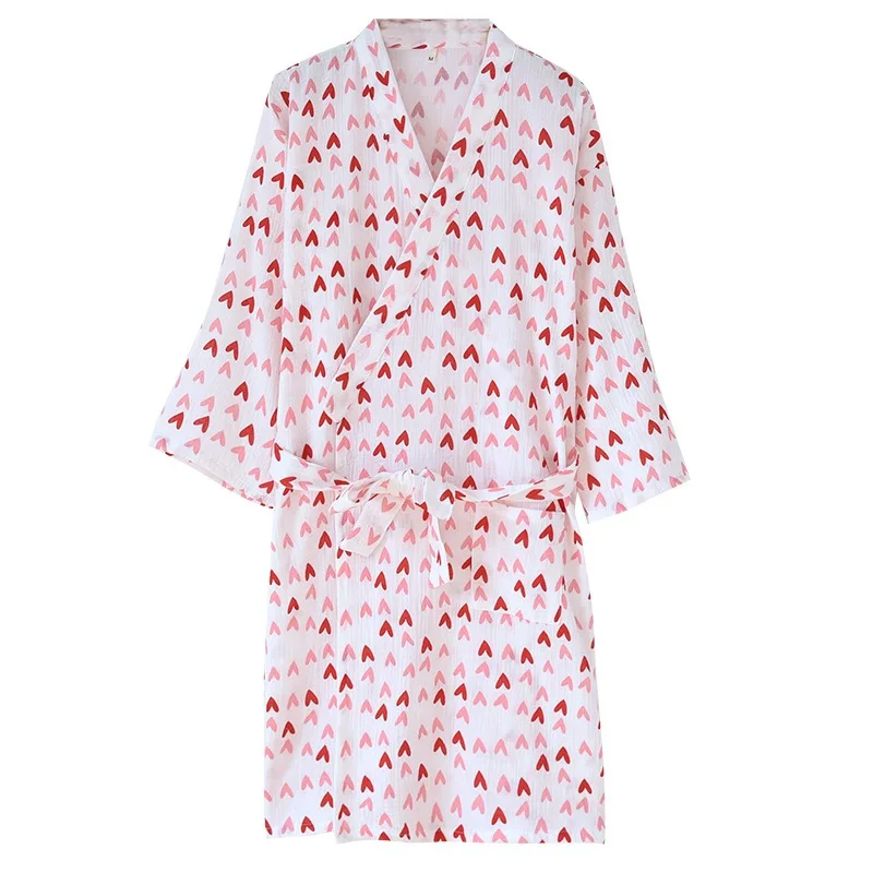 Belt Bathrobe Women's Pure Cotton Gauze New Nightgown Sweet Love Four Seasons Thin Wearable Bath Towel Yukata 5