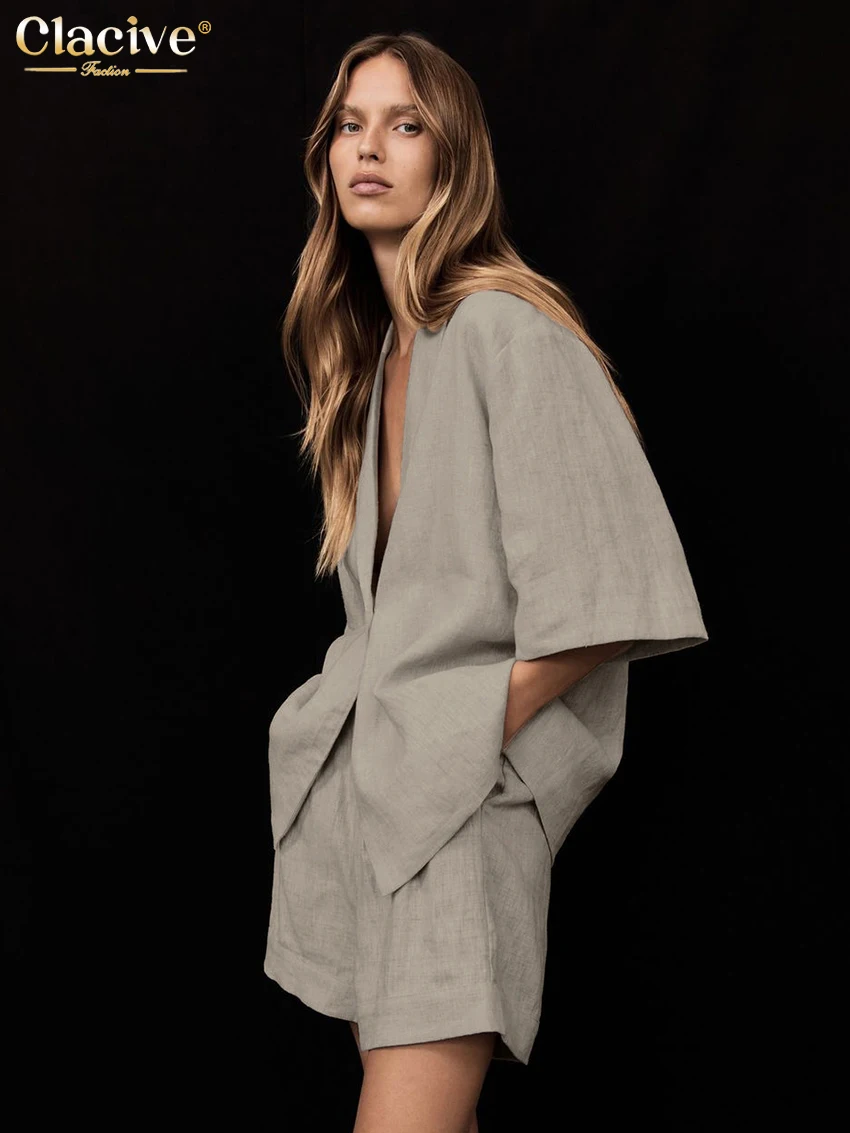 

Clacive Fashion Loose Khaki 2 Piece Set Woman Outfit 2025 Summer Short Sleeve Shirt With High Waist Shorts Set Female Streetwear