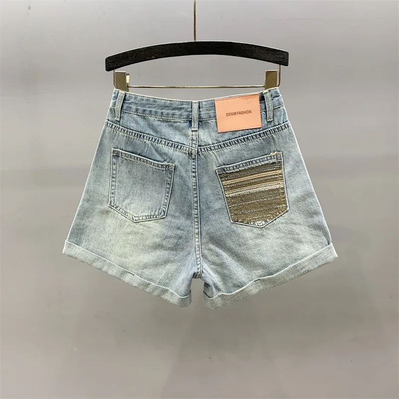 [zoci] Style Personalized Pocket Embroidered Denim Shorts Women Summer Casual Girl A-line Rolled