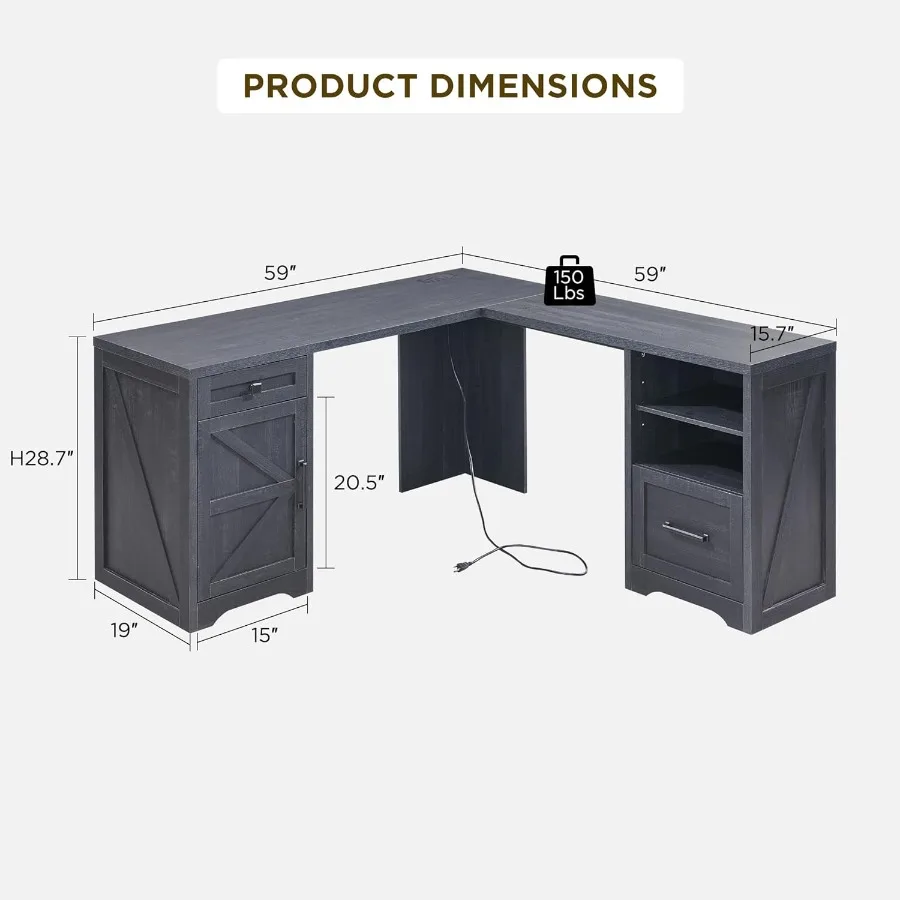 مكتب منزلي مكتب كمبيوتر حديث للمزرعة مع خزانة ملفات حرف T4 F4 مكتب كتابة للدراسة القانونية 59 Ih أسود رائع #2