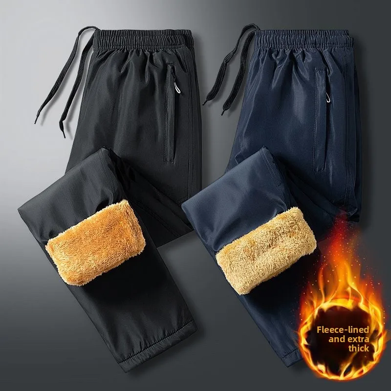 

Thiened Fce Lined Cotton Pants for Dad Winter Warm Spor Casual Long Trousers Outerwear Busin Gentleman Sle Straig...