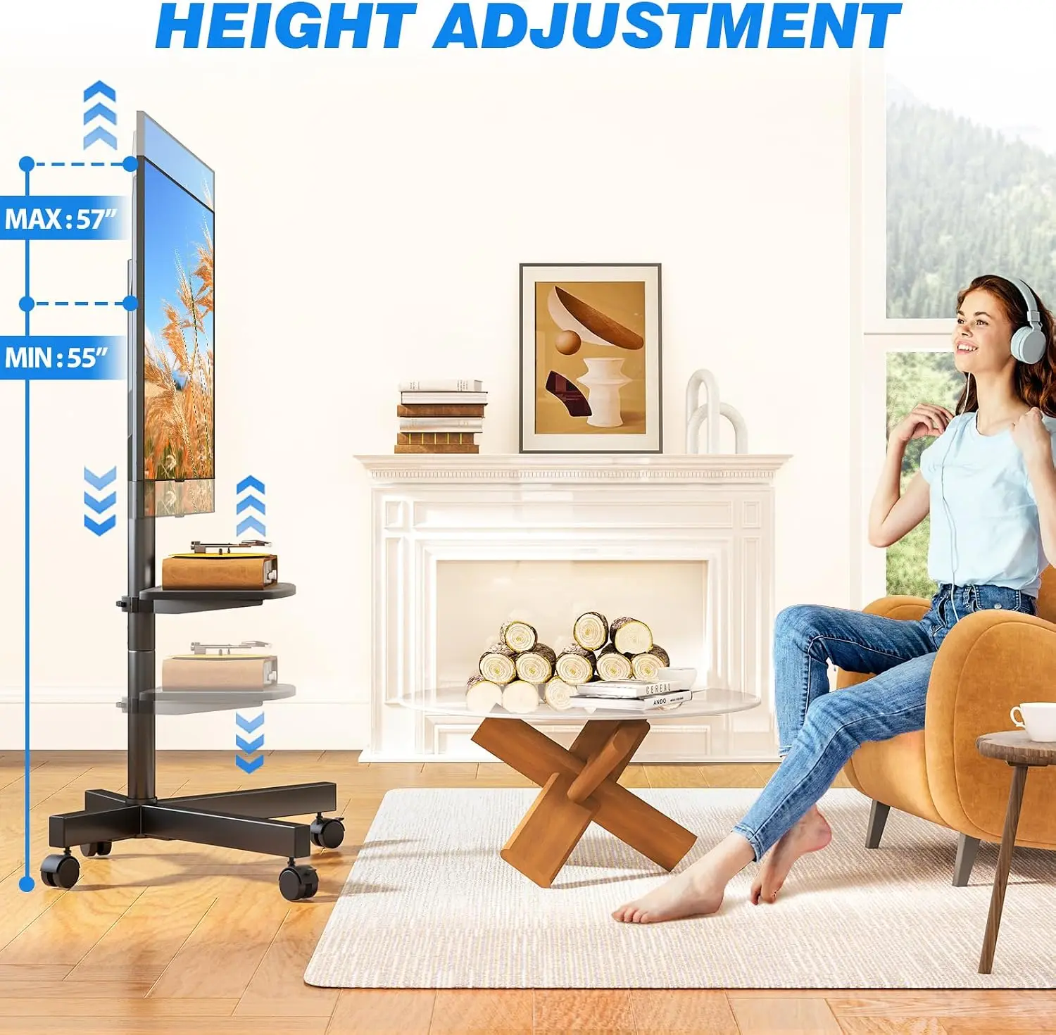 Mobile TV Stand for 23-65 Inch Flat/Curved TVs up to 88 lbs, Rolling Cart with Shelf & Tilt, Portable Floor Stand for Bedroom, Living Room, Office view 3