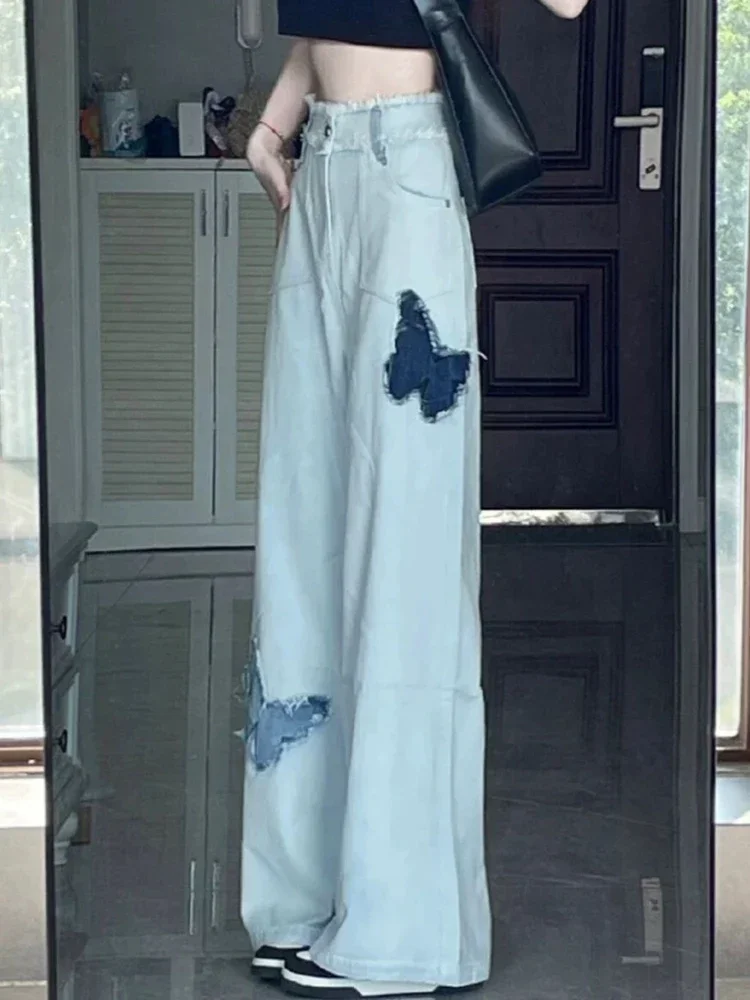 

Street American Vintage Chicly Flare Female Wide Leg Pants Summer Basic Butterfly Embroidery Fashion Loose Straight Women Jeans