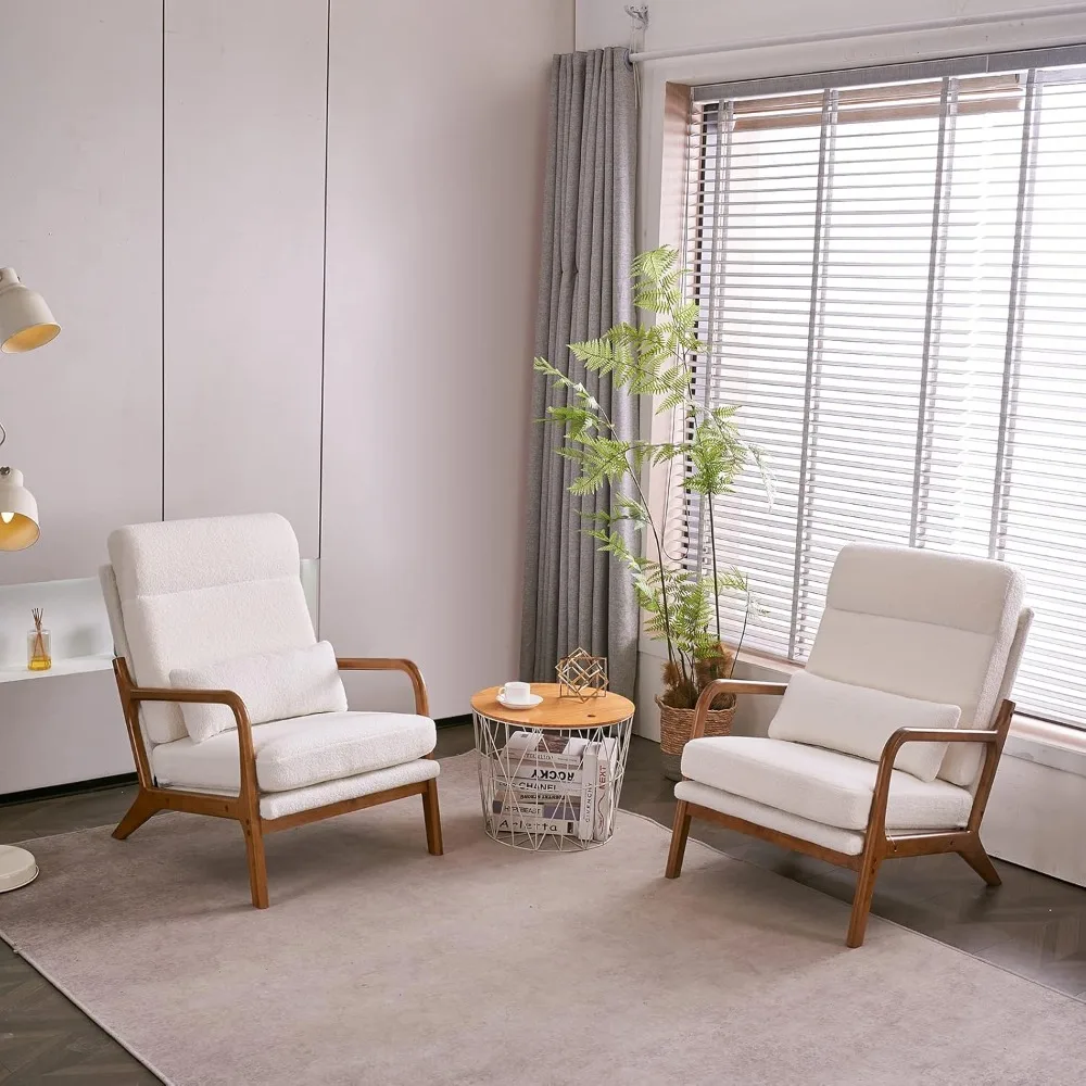 

Pair of High Back Teddy Fleece Accent Chairs in White, Upholstered Mid Century Modern Lounge Chairs for Reading and Side Sitting