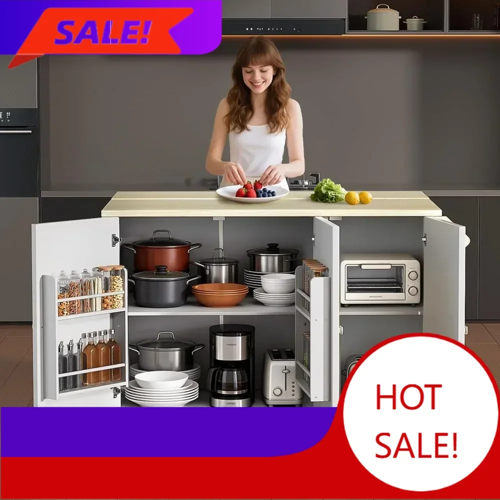

Bestseller52'' Rolling Kitchen Island with Drop Leaf, 3-Door Storage Cabinet & Towel Rack, Solid Wood Handwoven Design