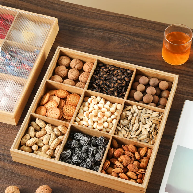 Modern Bamboo Snacks Platter Nine Lattice Dried Fruit Tray Snack Box Home Japanese with Lid Nut Storage Tray