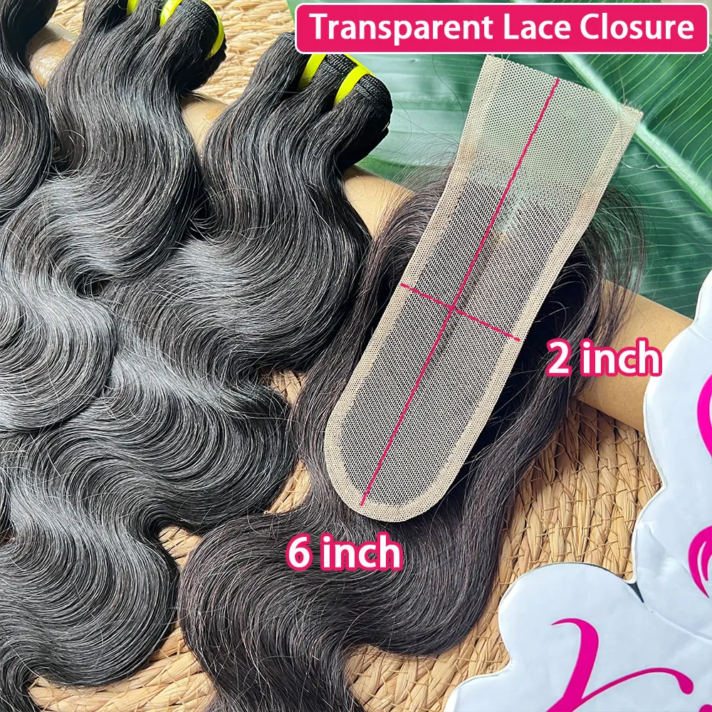 Body Wave 100% Human Hair Bundles With Transparent Closure Unprocessed 3 Bundles with 2x6 Middle Part Lace Closure For Women