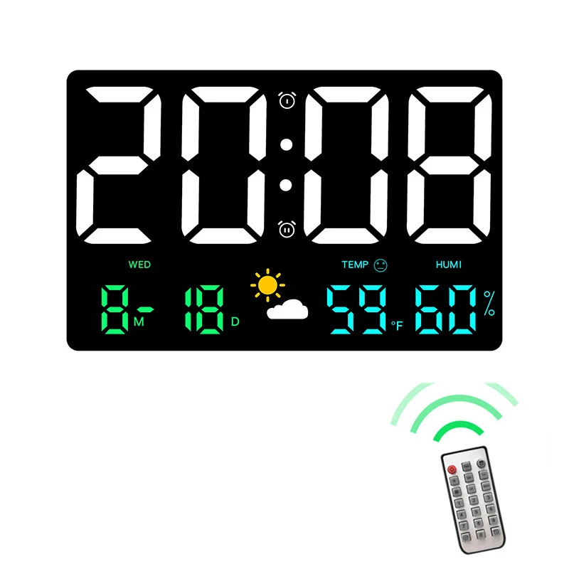 

Smart Mute LED Large-Screen Wall Clock Temperature and Humidity Display Weather Clock Multi-Function Color Digital Alarm Clock