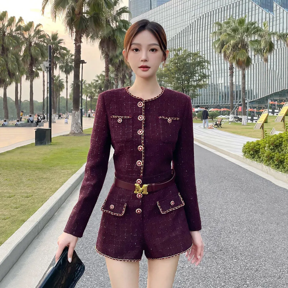 Elegant Luxury Tweed Bodysuits Ladies Korean Style Fashion Mini Jumpsuits 2025 Autumn New Arrival One Pieces Overalls for Women