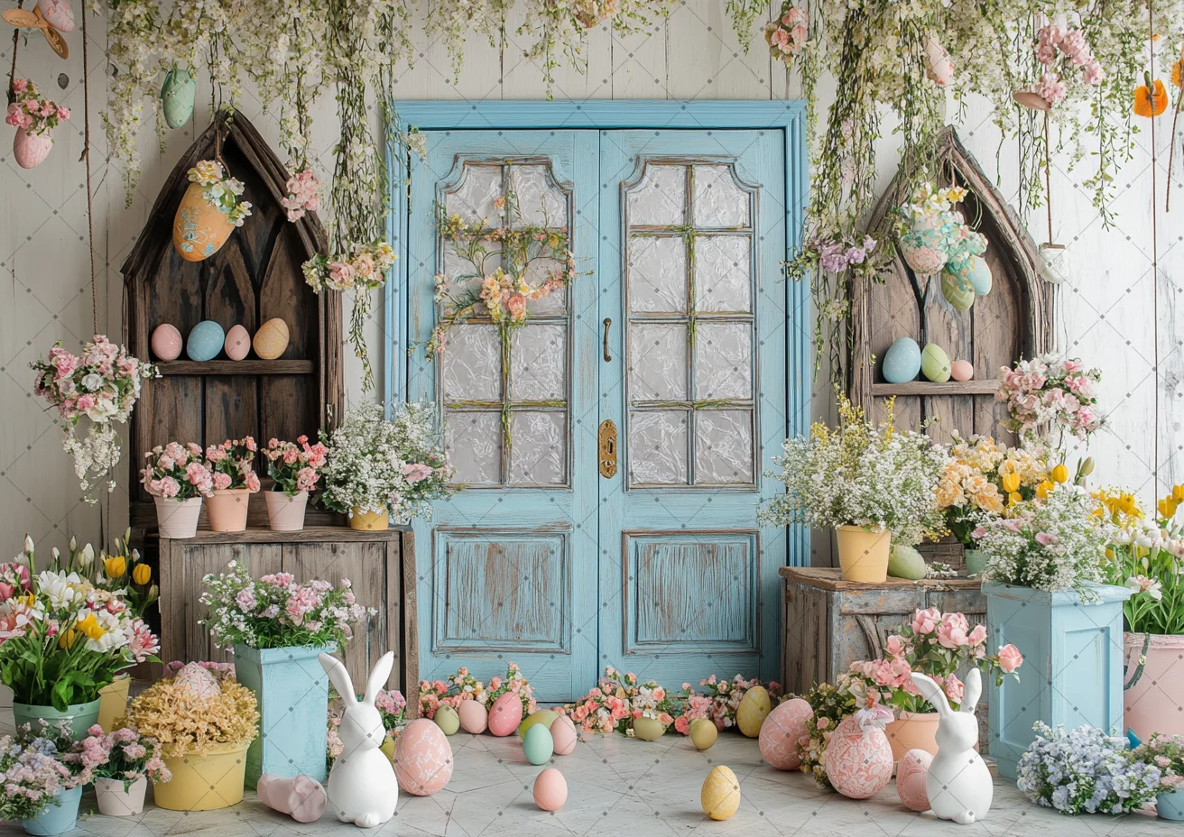Easter Day Photography Backdrop Spring Flower Easter Rabbit Colorful Eggs Blue Cabinet Photocall Background Photo Studio Props