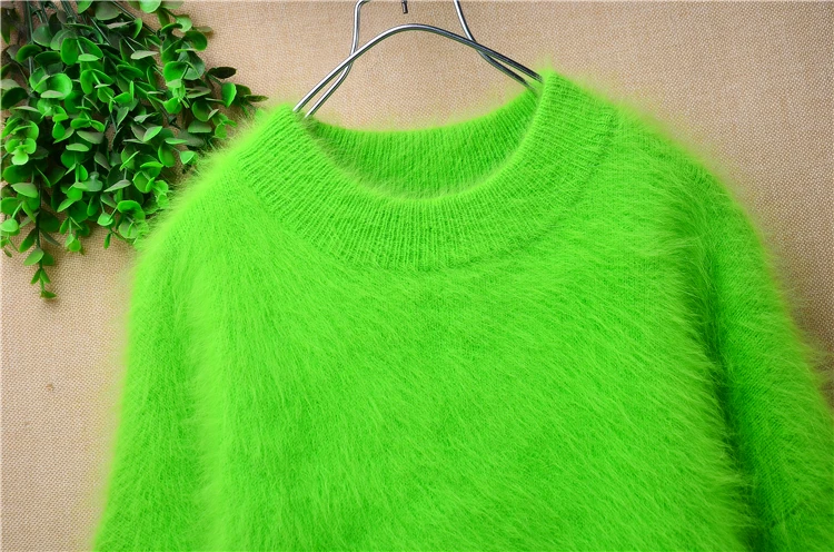 Female Women Spring Winter Clothing Green Hairy Mink Cashmere Knitted O-Neck Long Sleeves Loose Pullover Angora Jumper Sweater