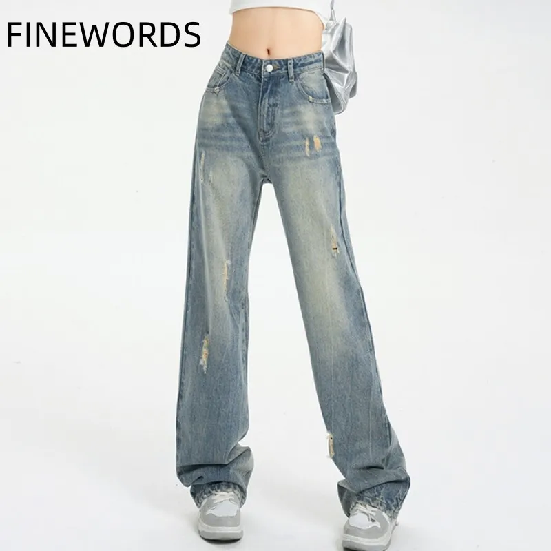 FINEWORDS Wide Leg Baggy Jeans Women Korean High Waist Vintage Washed Ripped Denim Pants Cool Streetwear y2k Causal jeans mujer