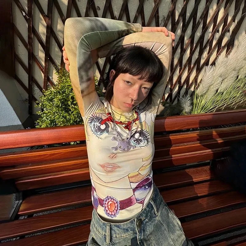 Deeptown Japanese Style Anime Print T-shirt Y2k Harajuku 2000s Long Sleeve Tees Vintage Kawaii Cartoon Slim T Shirt Aesthetic