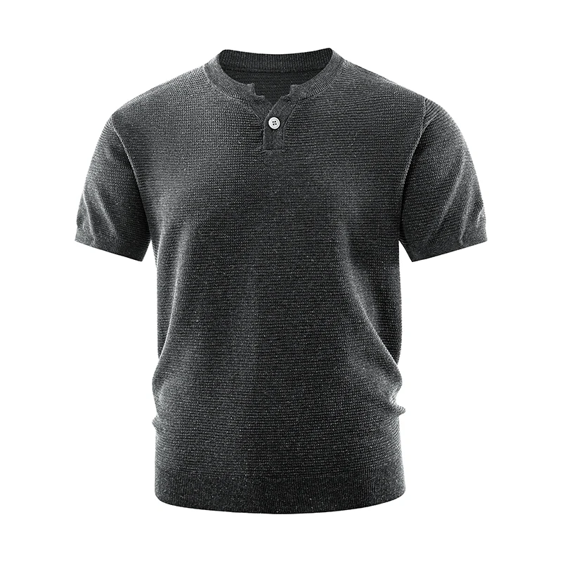 Men's knitted short-sleeved sweater T-shirt casual and fashionable, stylish polo shirt with one button round collar, top garment