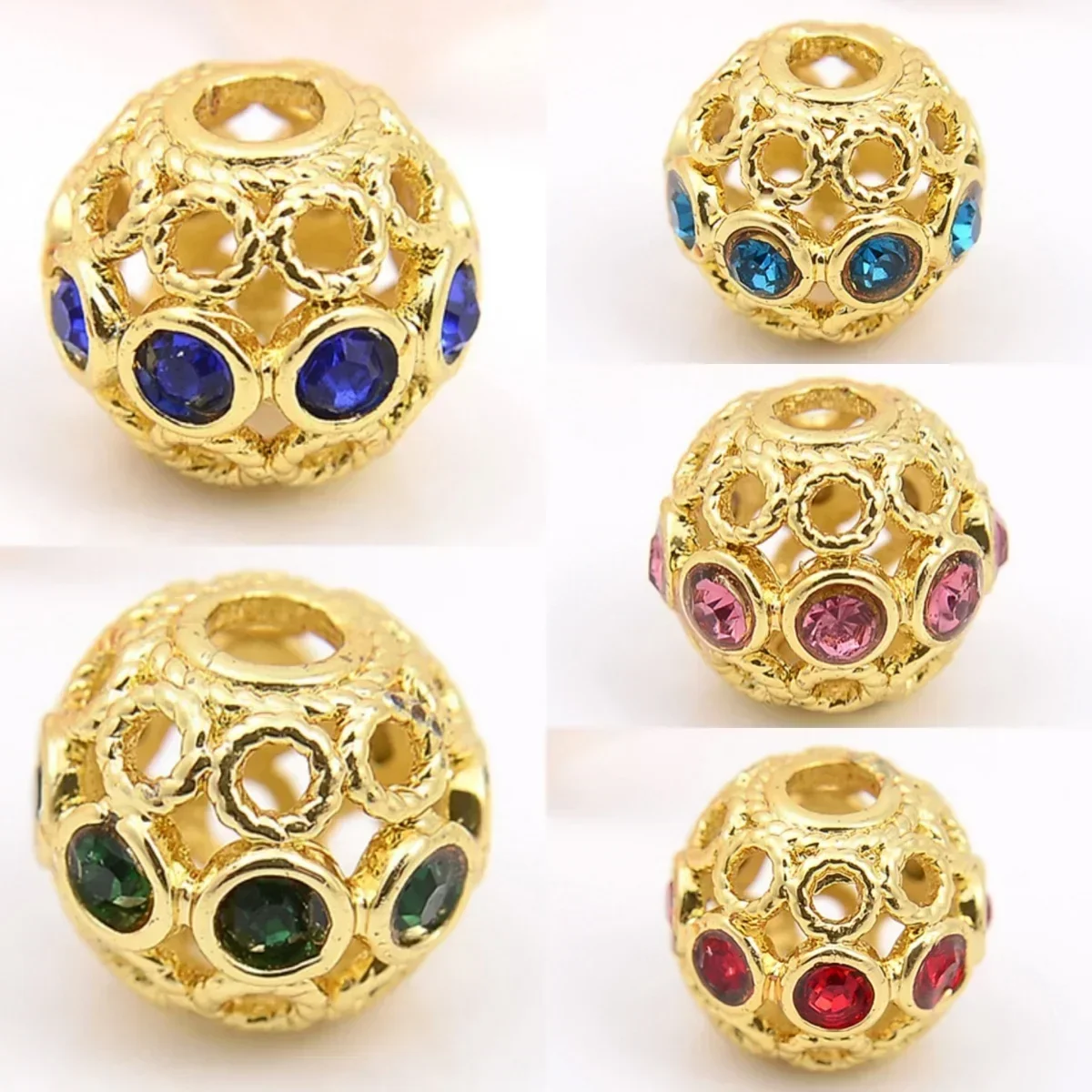 

5 Pcs Skeleton Copper Gold-plated Round Colourful Piercing Beads Bracelet Necklace DIY Jewelry Accessories Straight Hole Beads