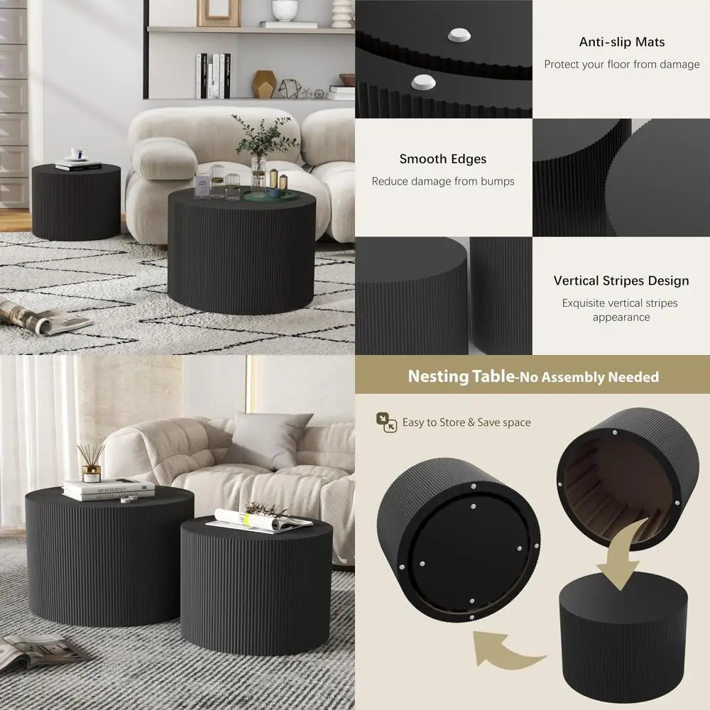 

Round Coffee Table Set for 2, Wooden Nesting Tables for Living Room, Easy Assembly-Free Circle Side Tables, Accent End Tables fo
