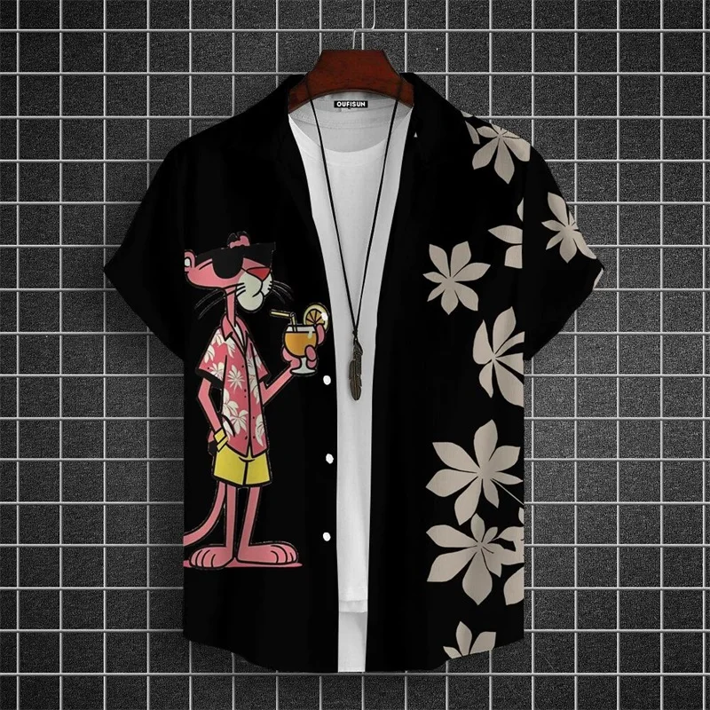 

Men's Cartoon Leopard Graphic Print Beach Shirts For Men Women Short Sleeve Lapel Button-Down Hawaii Shirt Top Men's Aloha Shirt