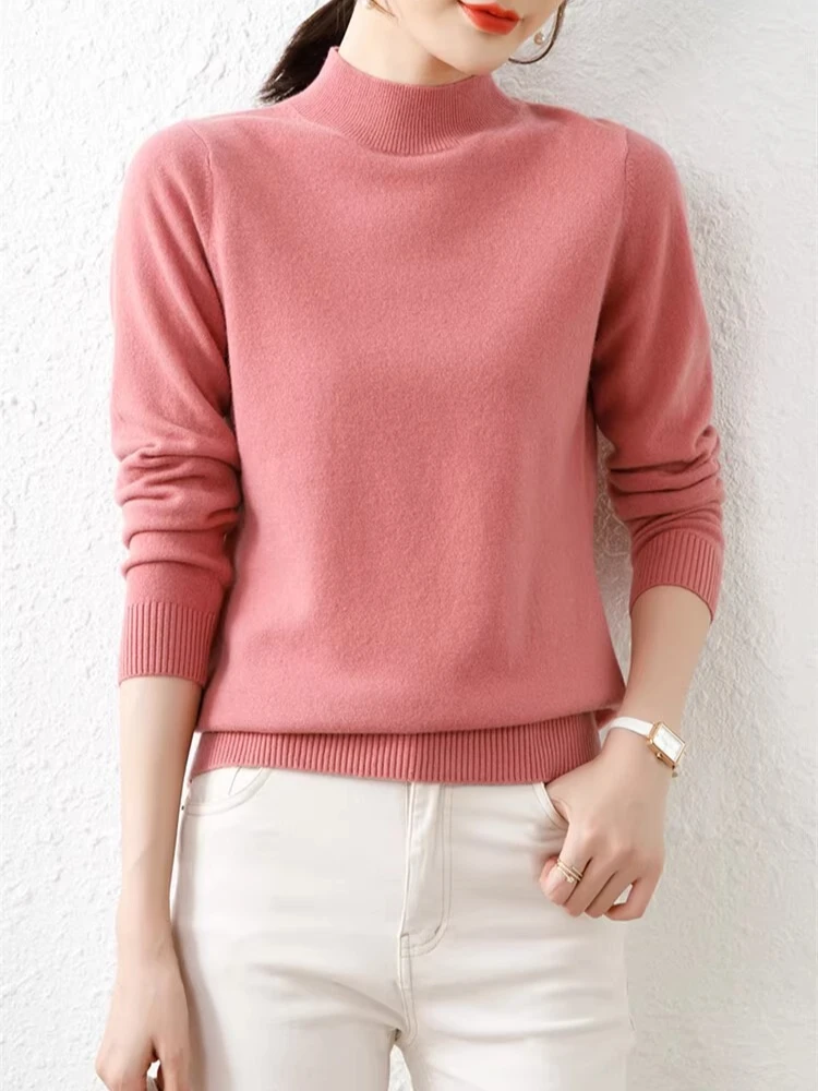 

Korean Sweaters Autumn Winter Women Sweater Vintage Basic Solid Knitted Tops Casual Slim Mock Neck Pullover Simple Chic Jumpers