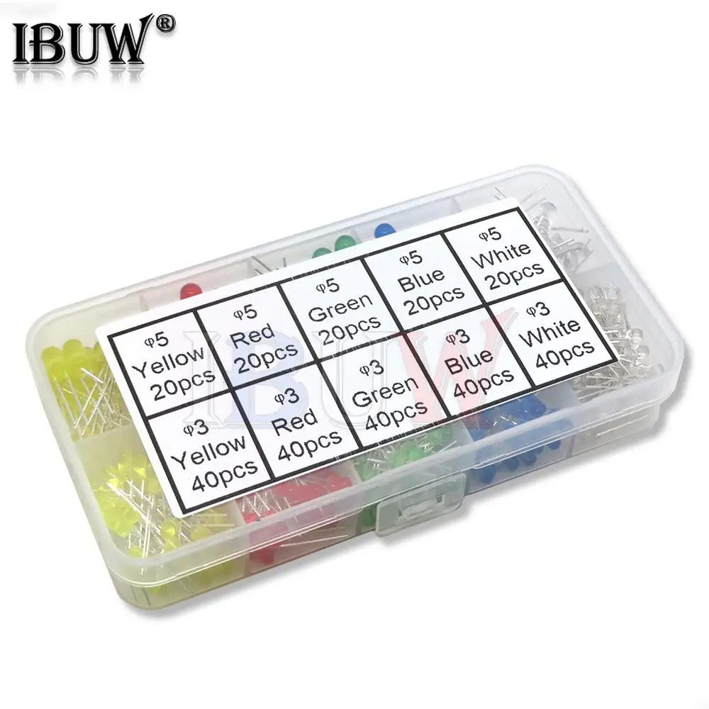 300PCS 3mm 5mm LED Licht Weiß Gelb Rot Grün Blau Sortiertes Kit DIY LEDs Set 3V 20mA