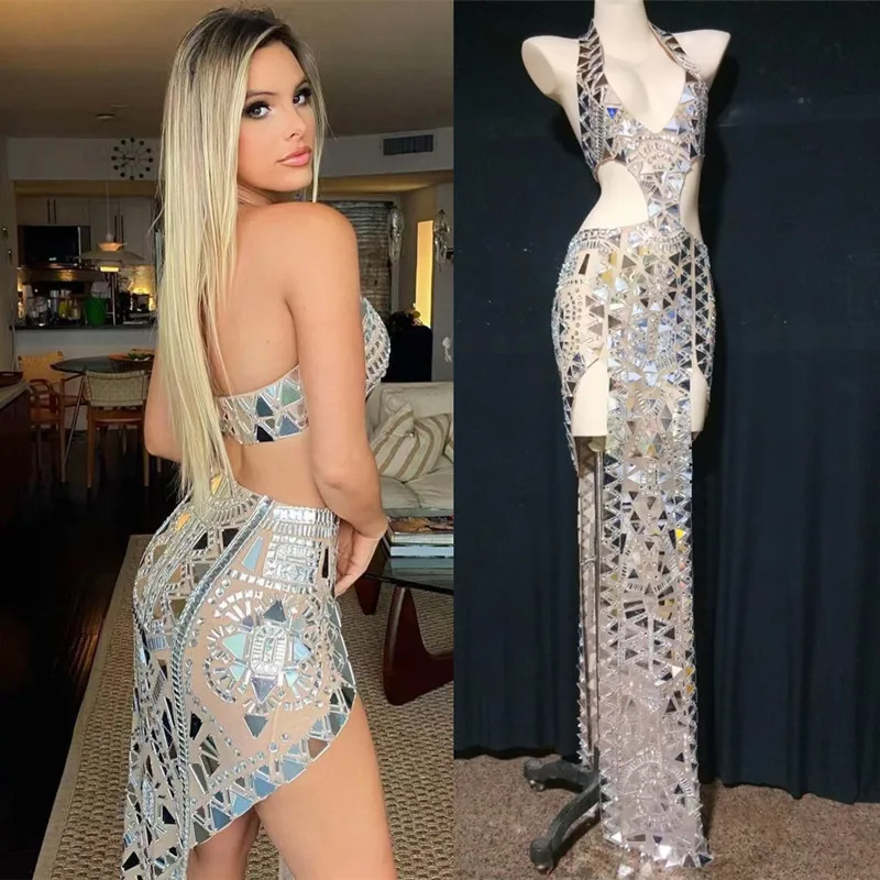 Silver Mirrors Dress  Graduation Rhinestones Long Dress Stage Wear Birthday Prom Sequins Outfit Singer Model Show Sexy Costume