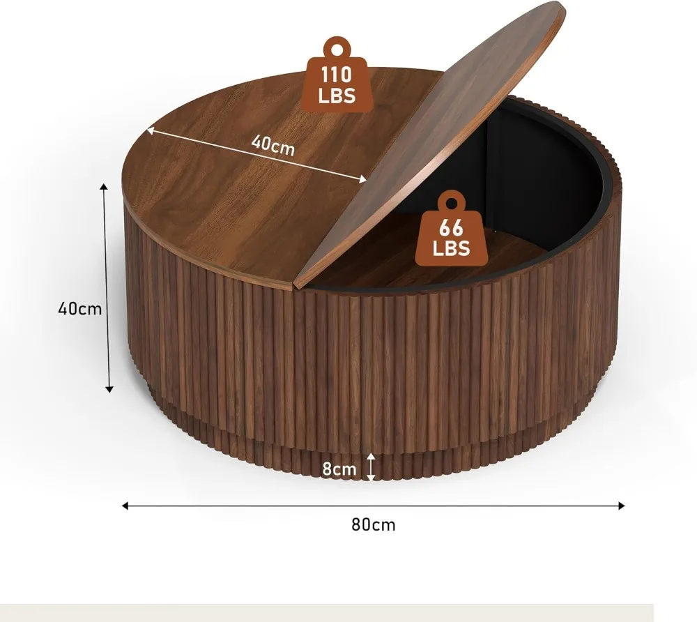 

31.5" Round Coffee Table with Storage, Mid Century Modern Fluted Base, Wooden Circle Table for Living Room Small Space