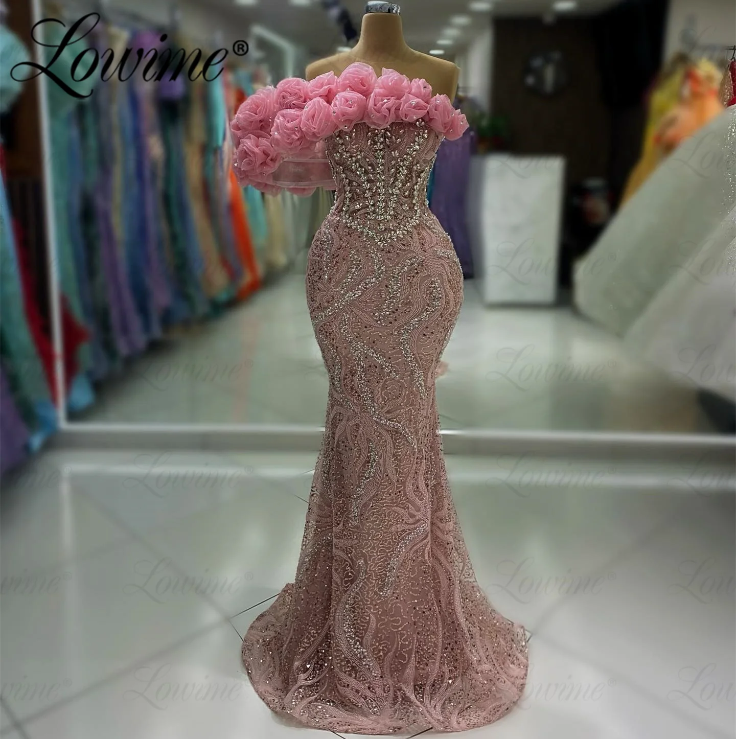 2024 Pink 5D Handmade Flower Aso Ebi Arabic Mermaid Party Dress Women Long Prom Dress Mermaid Birthday Engagement Gowns Evening