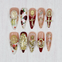 10Pcs Luxury Long Stiletto Press On Nails,Custom Design Chrome Gold Cross Virgin Mary Nail Art Catholic Handpainted Nails