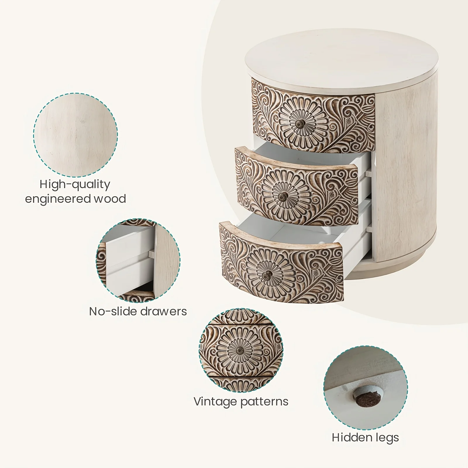 

Chic Round Bedside Table with 3 Drawers - Solid Wood & Resin, Space-Saving Design for Living Room or Bedroom Decor