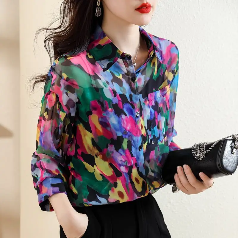 Female Clothing Camouflage Printed Blouse Stylish Contrasting Colors Spring Autumn Pockets Spliced Casual Single-breasted Shirt