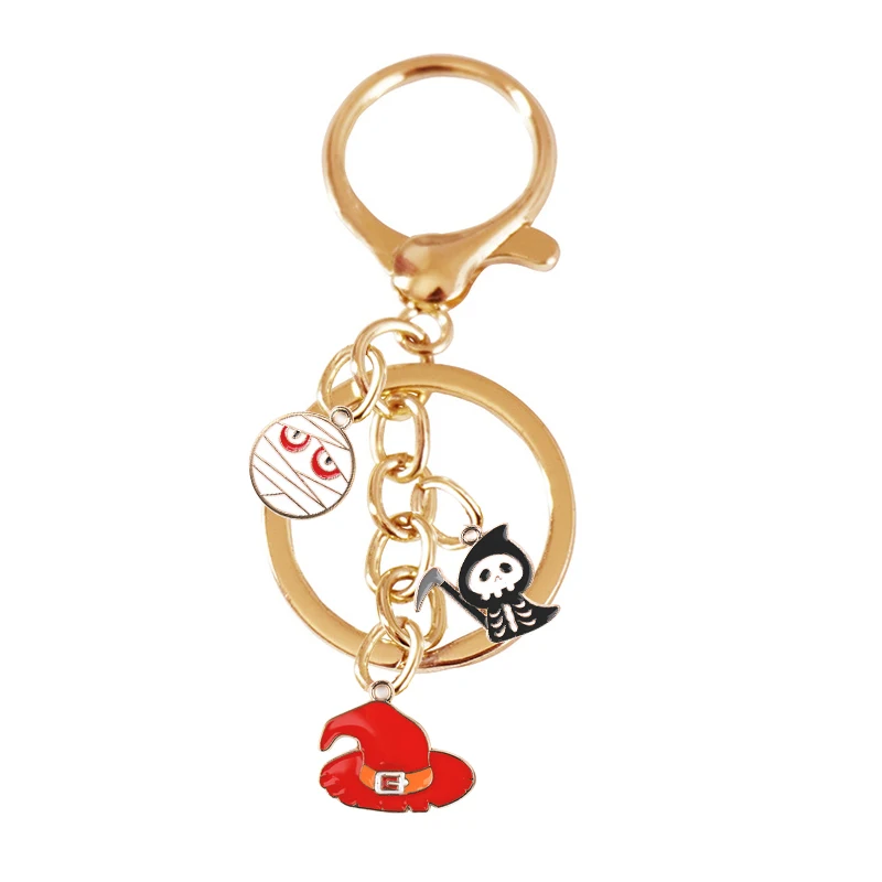 Gothic Halloween Key Chain Red Black White Enamel Skull Reaper Mummy Witch Hat Pendant Keyring Party Favor Gift