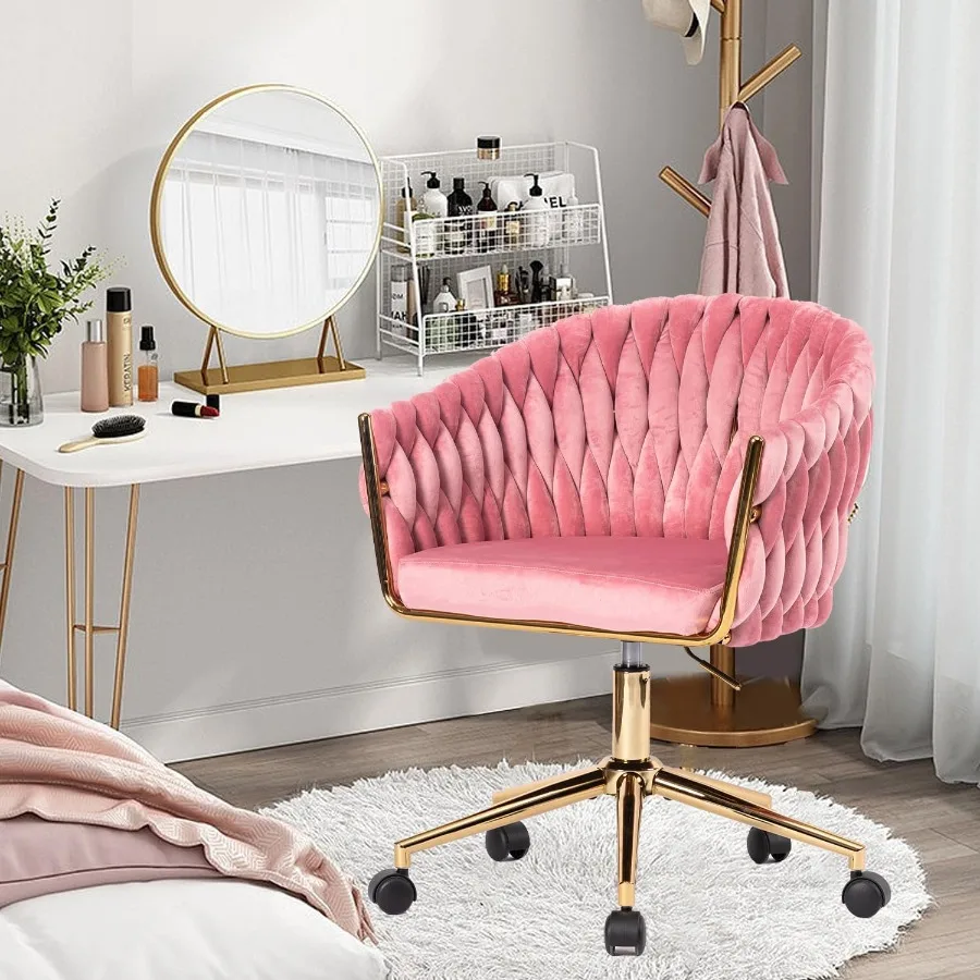 Velvet Office Desk Chairs with Gold Legs Height Adjustable Mid Back Makeup Vanity Chairs with Wheels for n Pink Accent Chairs A